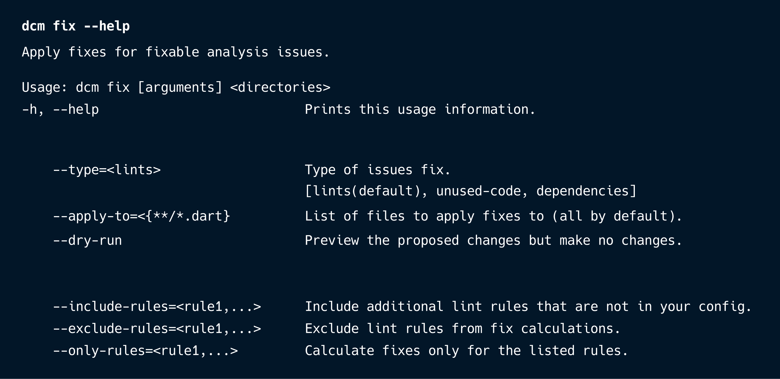 DCM fix help output